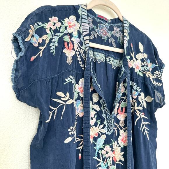 Johnny Was Sheer Embroidered Blouse Navy Floral Size S Bohemian Chic - Picture 3 of 6